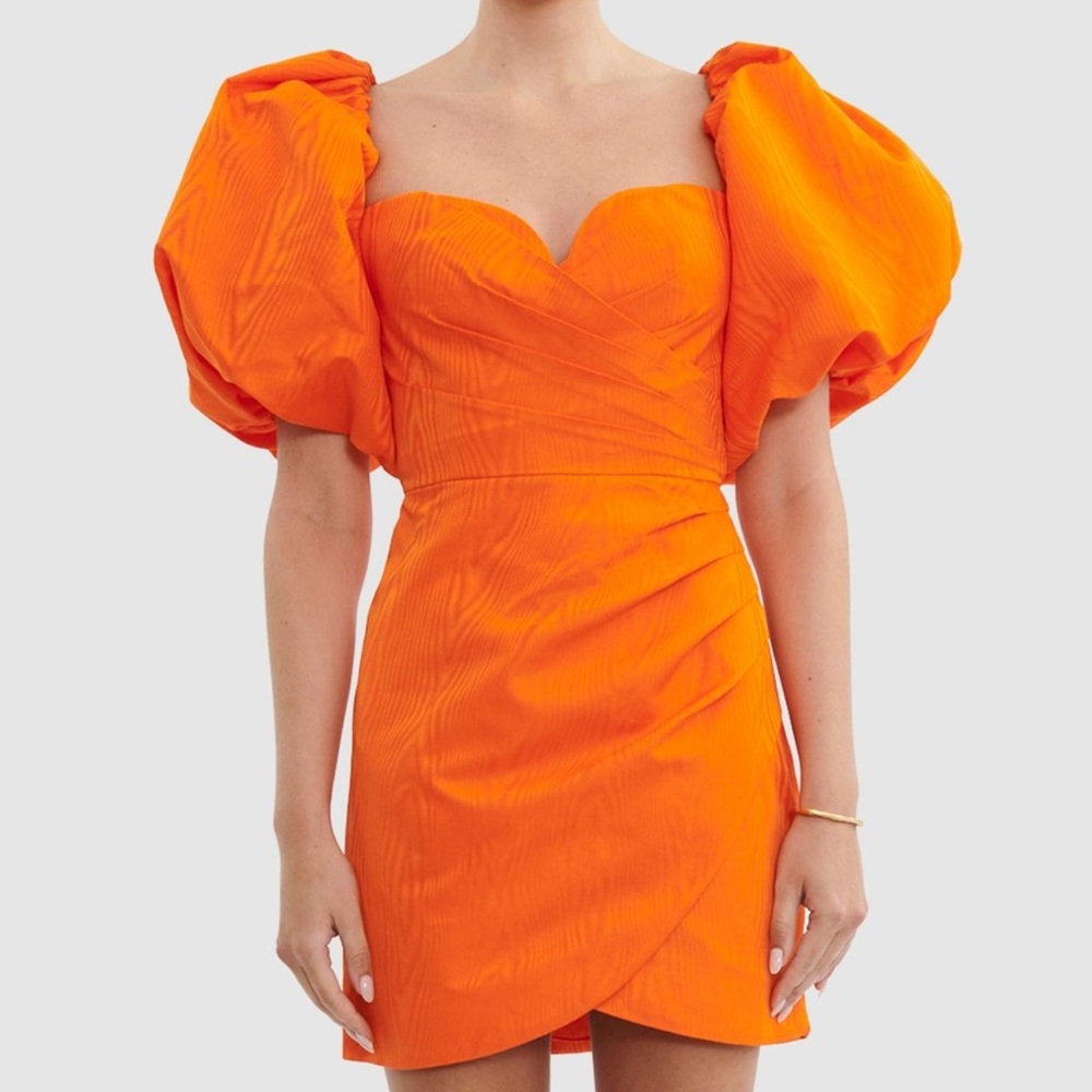 Rebecca Vallance Orange Puff-Sleeve Mini Dress